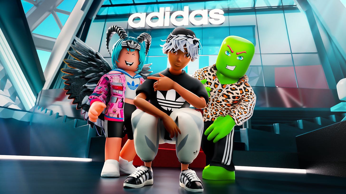 Three Roblox characters wearing adidas-branded clothing and accessories