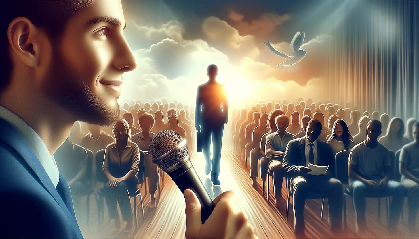 An image symbolizing overcoming interview anxiety. The foreground features a serene person with a confident smile, about to step onto a stage with a microphone in hand, symbolizing readiness to speak. The background shows a diverse audience waiting in anticipation, reflecting the idea of focusing on what one can bring to the listeners rather than personal fears. The atmosphere is one of calm and positivity, with soft, warm lighting to convey a sense of comfort and assurance. The image should evoke feelings of confidence, calmness, and preparedness.
