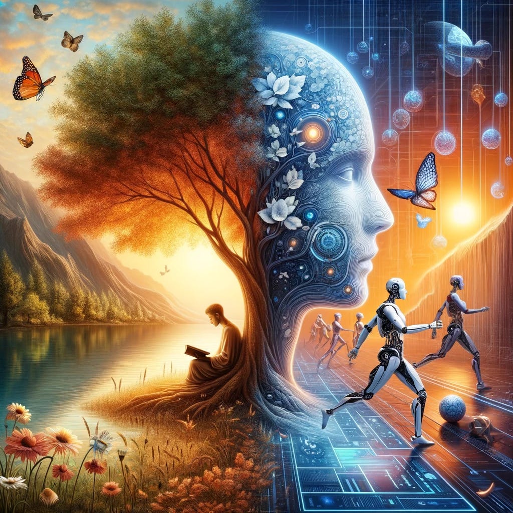 An image that artistically juxtaposes the contrasting realms of human essence and artificial intelligence. On the left, depict a serene, natural setting with a human figure, perhaps a philosopher, sitting under a tree, immersed in a book, symbolizing deep thought, emotion, and human connection. This side should radiate warmth and include soft, natural colors. On the right, illustrate a sleek, modern environment dominated by robotic figures and digital elements, representing AI and technology. This side should have cooler tones and a more structured, mechanical appearance. The middle ground between these two scenes should subtly blend, suggesting the philosophical question of where technology enhances human life and where it may overshadow our deeper, existential identity.