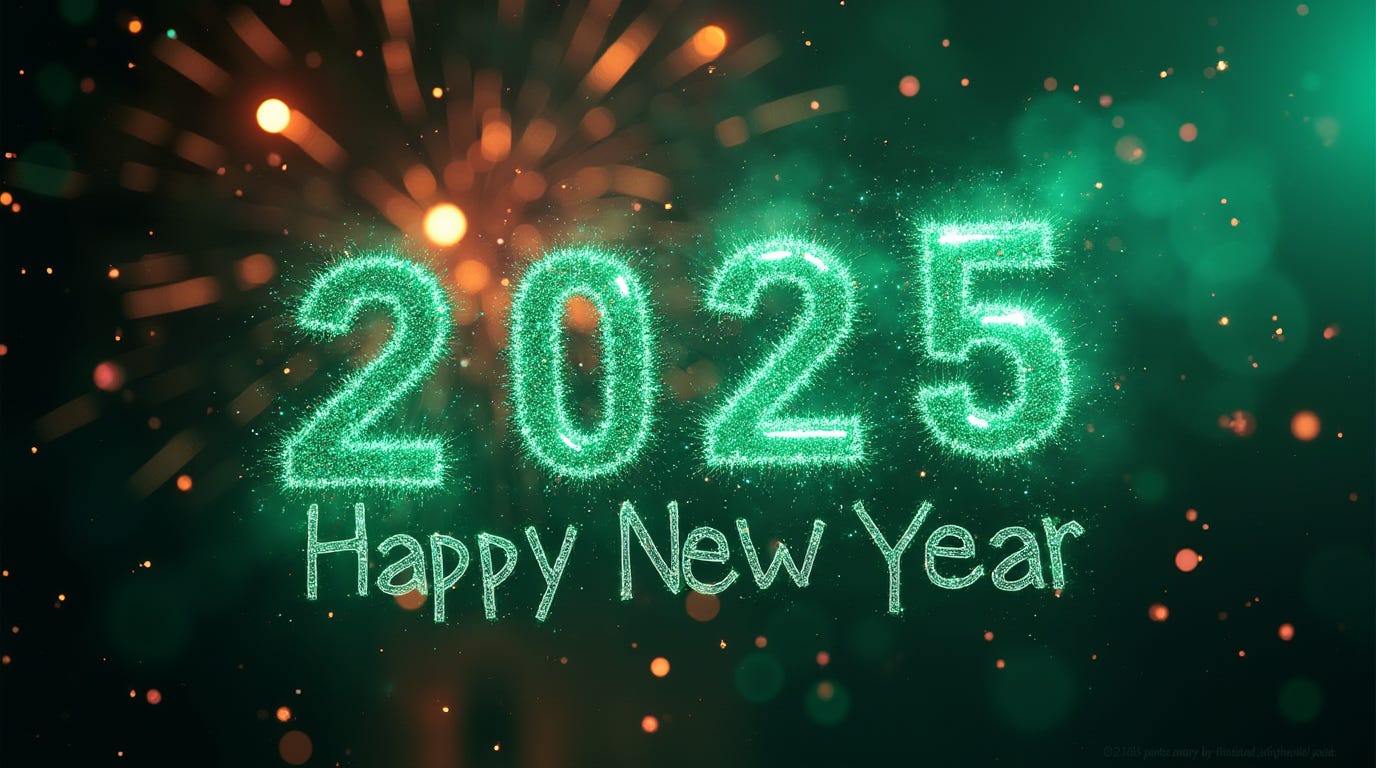 happy new year post, with 2025 written in the air, floating. tech ai and  neon green in the background. fireworks