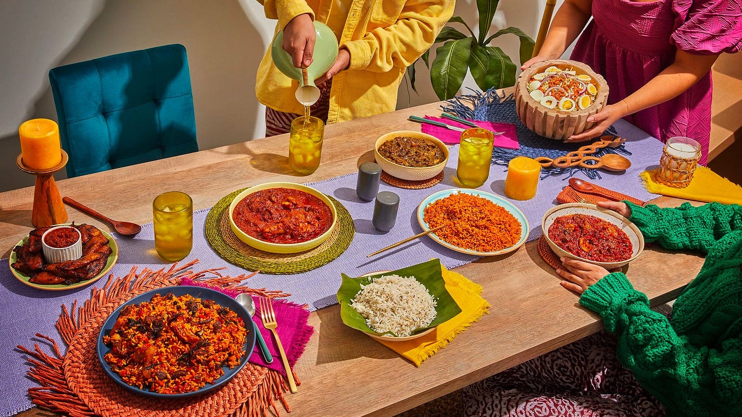 Cover Photo: a tablescape of beautifully prepared Nigerian food