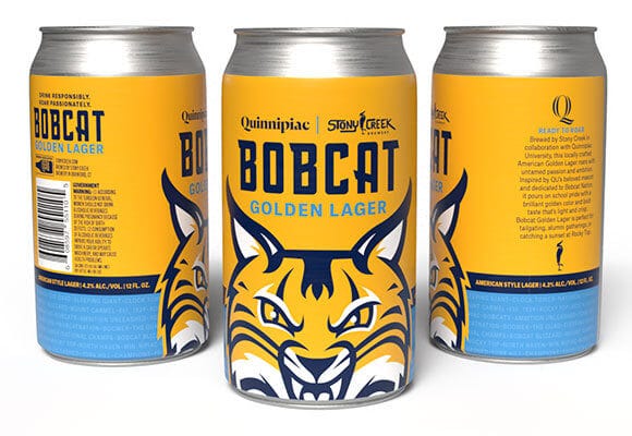 A photo of Quinnipiac's new branded golden lager in partnership with Stony Creek Brewery