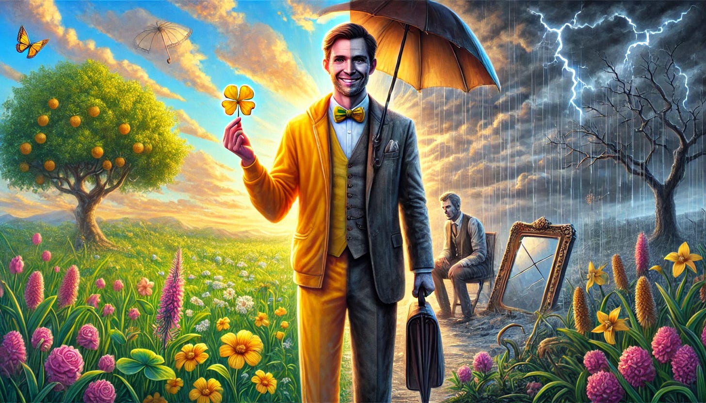 A realistic and symbolic depiction of two men representing luck and misfortune standing side by side in a vivid outdoor setting. The lucky man is dressed in neat, bright clothing, holding a golden four-leaf clover, surrounded by subtle symbols of prosperity such as sunlight breaking through clouds and blooming flowers. His expression is content and calm. The unlucky man wears disheveled, darker clothing, holding a broken umbrella under a cloudy, rainy sky, with subtle symbols of misfortune like a cracked mirror in the background and wilting plants. The scene transitions smoothly from a sunny, vibrant atmosphere on the lucky man’s side to a gray, stormy ambiance on the unlucky man’s side, blending realism with metaphor.
