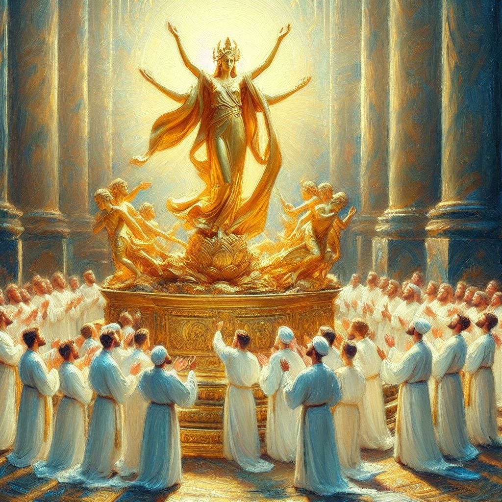 A group of men in white robes worship a golden statue of a beautiful woman. Majestic. Slight impressionist style.