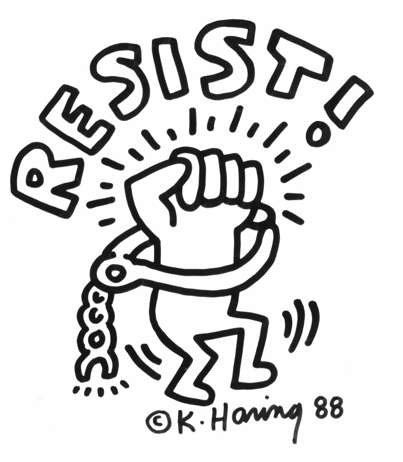 A Keith Haring artwork that has 'RESIST!' over a fist/body-with-legs through a handcuff and chain.