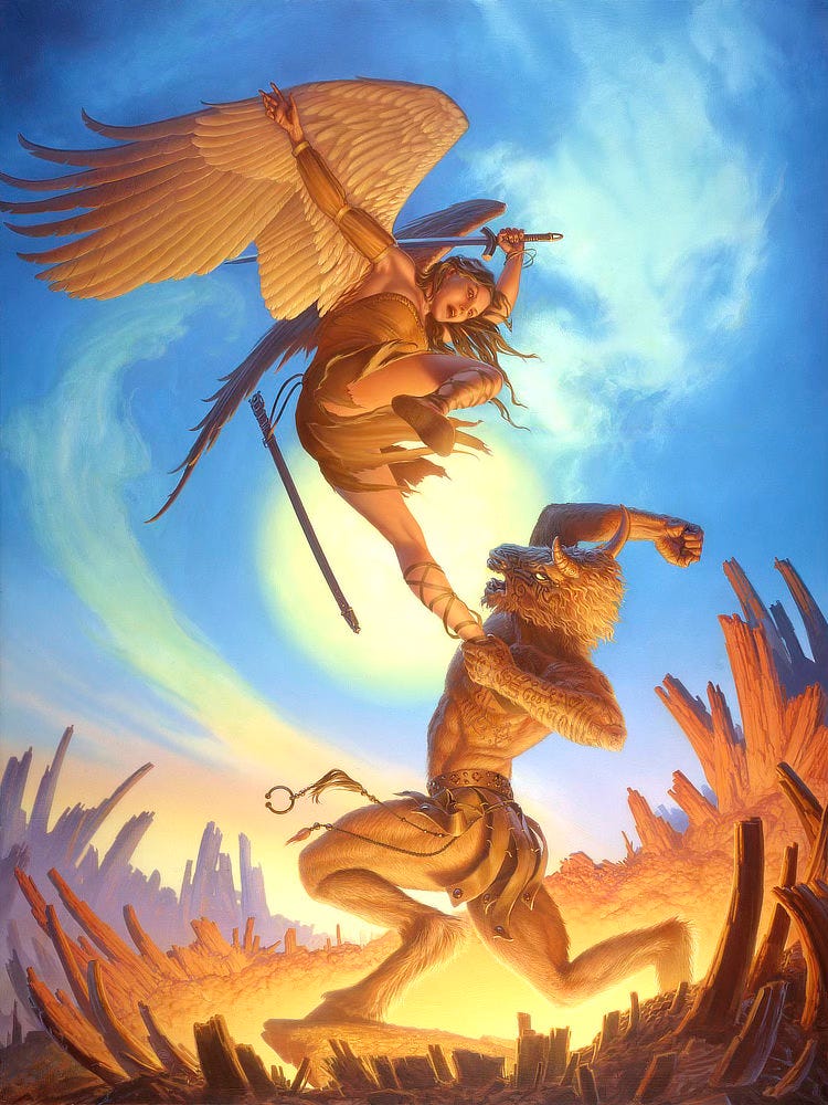 Winds swirl about a Serra Angel as she swoops down from the sky with wings spread and sword poised to strike. A scabbard floats slack on cords tied at her waist giving a sense of weightlessness. A Hurloon Minotaur grabs her ankle and raises its fist in counter attack. Its stance is powerful, anchored on hoofed feet and flexed thighs. The earth around him forms a bowl with golden heat emanating from the center and stone curling around forming a contrast with the cool blue sky above. The sun looms huge behind them like a spotlight on the deadly exchange.