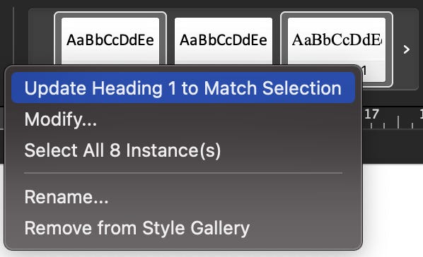 screenshot of a word style bar, the top of which shows from left to right "AaBbCcDdEe" in various formatting, with the 3rd choice selected and showing a list of options to pick from, the first of which is "update heading 1 to match", which is selected.