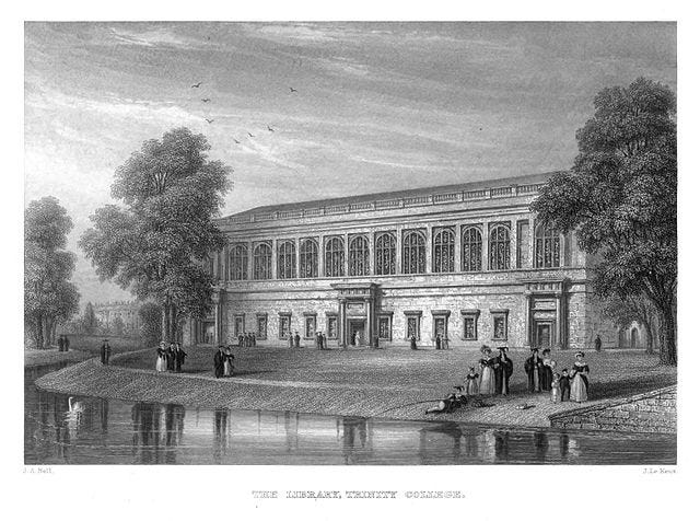 Engraving of Trinity College library, showing its proximity to the banks of the river Cam