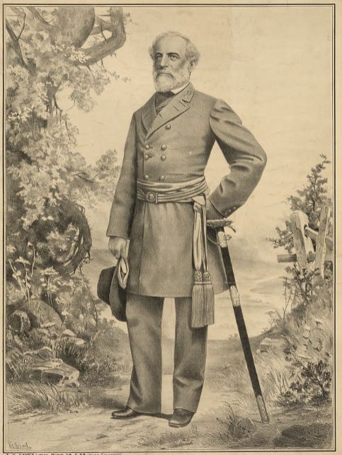 Image is a black and white lithograph of Robert E. Lee. His is standing in a service uniform with his hat in his right hand down by his leg. He has a sash belt with his sword hanging on his left side.