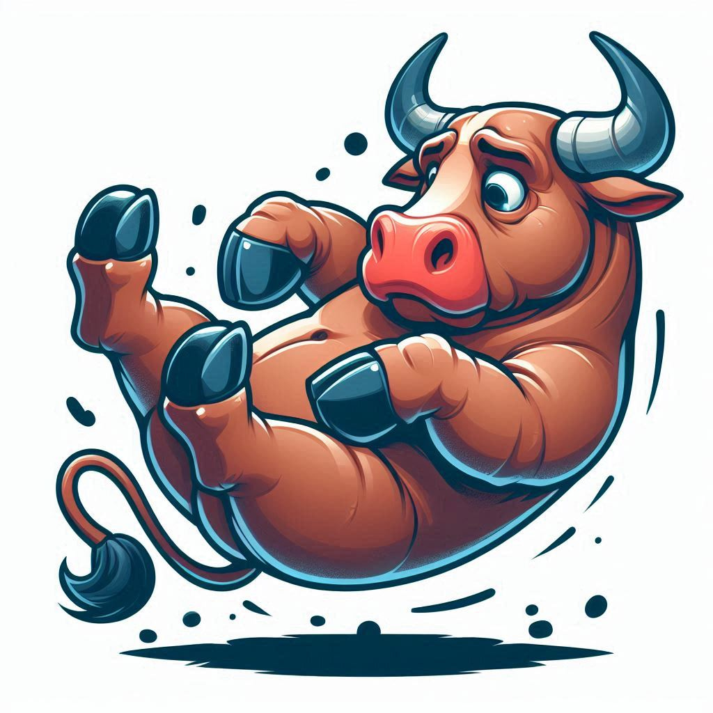 A bull falling from a great height with a sad expression