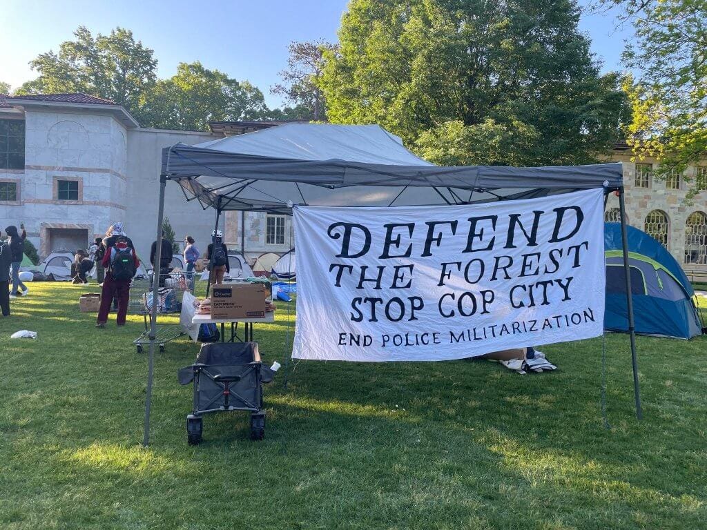 Image from the protest encampment at Emory University in Atlanta, where protesters are demanding an end to the genocide in Gaza and immediate divestment from Israel & “Cop City.” The Emory encampment joins a wave of other university encampments across the U.S., April 25, 2024. (Photo: Emory SCC)
