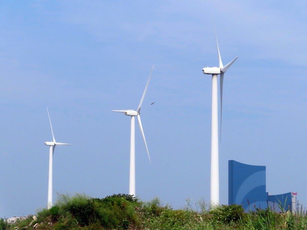 Land-based wind turbines in Atlantic City, N.J., turn on July 20, 2023. 