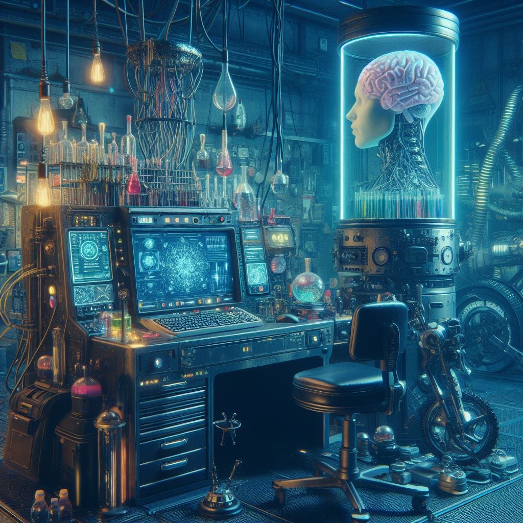 cyberpunk hackerspace with a brain machine and biology tools