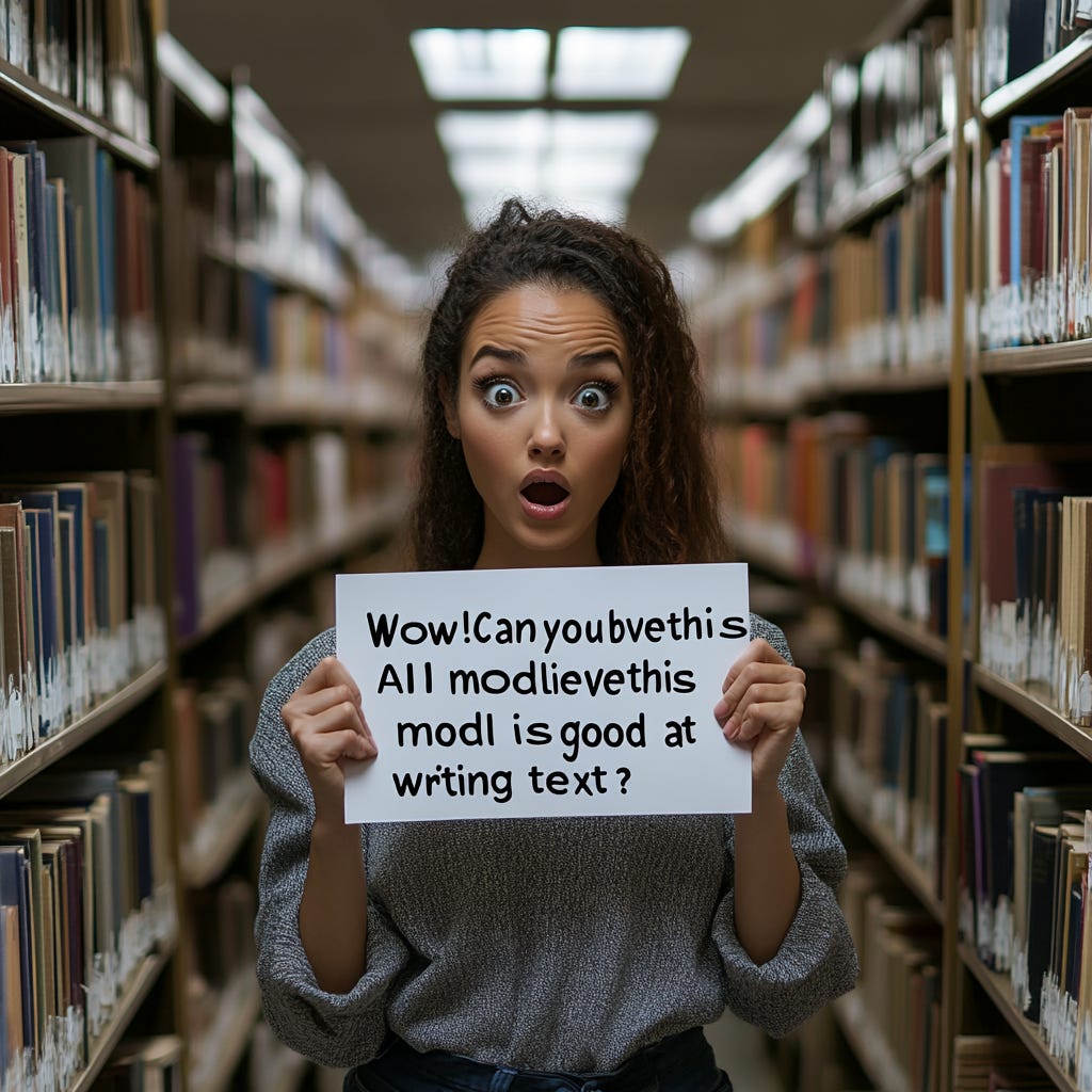 A woman with a shocked expression stands in the middle of a library. She's holding a sign that says "Wow! Can you believe this AI model is so good at writing text?” by Midjourney