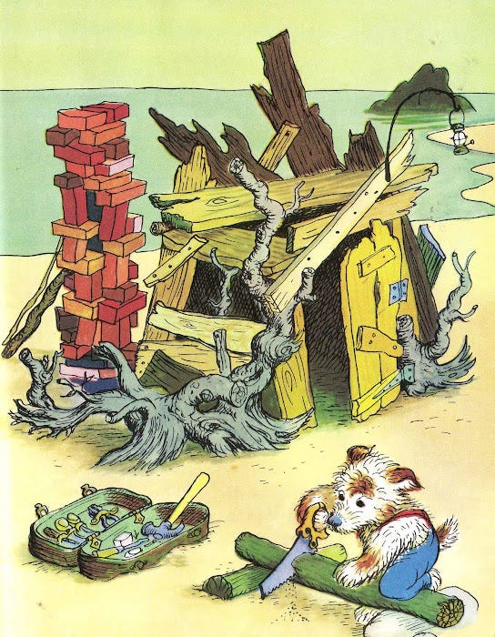An illustration by Garth Williams shows Scuppers, hero of The Sailor Dog, building a boat out of driftwood.