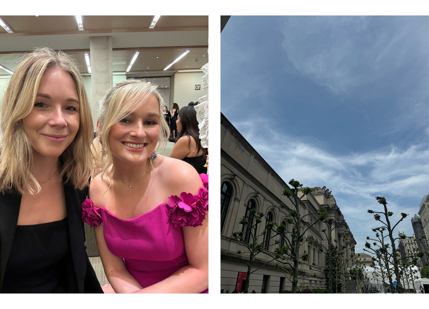 Photo of Katie with friend Bailey and a photo of the sky with some architecture at the Met