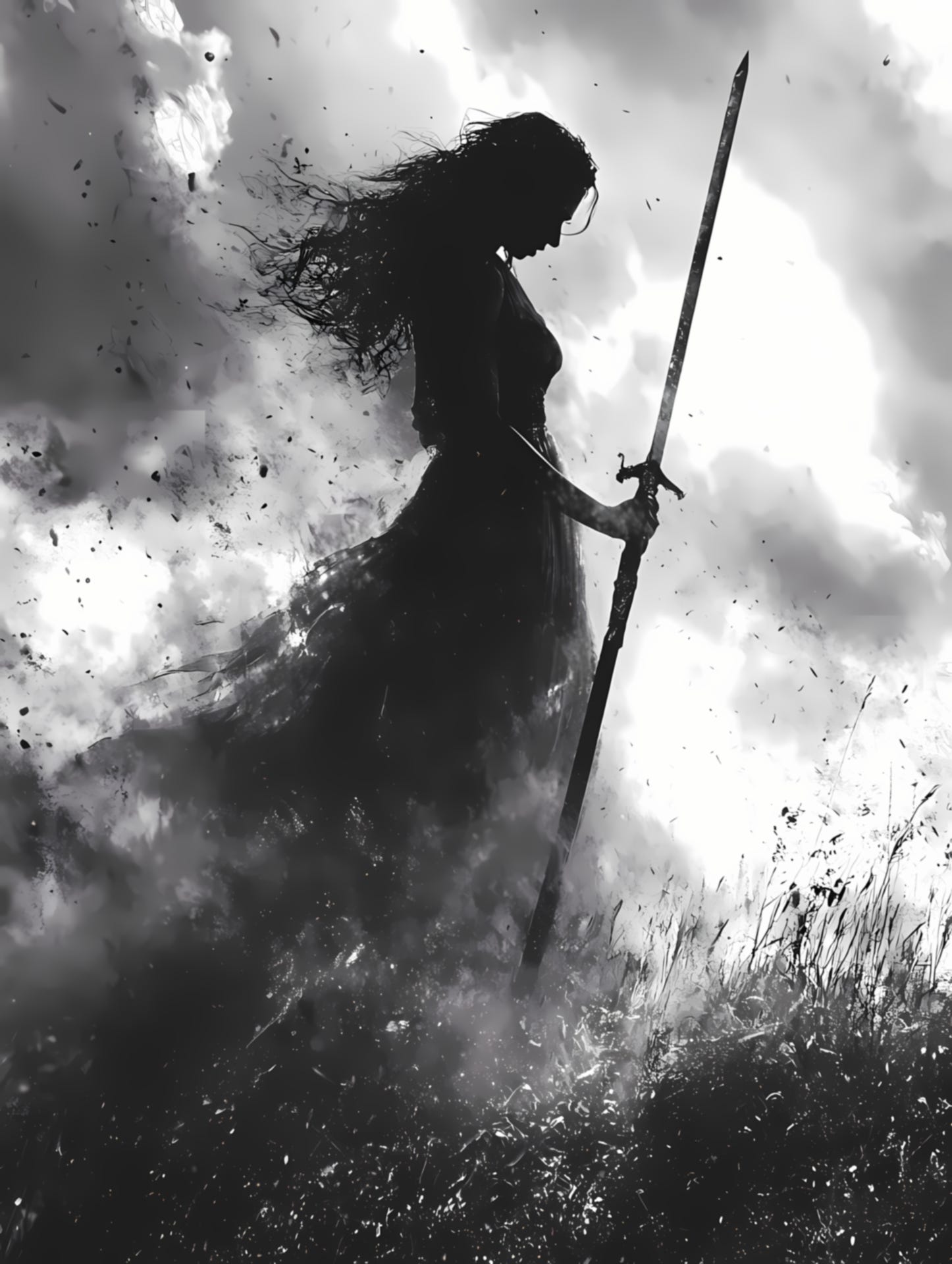 Digital illustration "I Must Honor My Fear" - Silhouette of a woman warrior with flowing hair and dress, standing amid swirling smoke and debris, gripping a sword/spear. Dramatic black and white contrast creates a powerful chiaroscuro effect. The figure emerges from chaos, embodying transformation through confronting fear. The warrior stance reflects the article's theme that fear isn't weakness but strength - a warning to be heeded and channeled into collective action against threats to neurodivergent communities. Stylistically reminiscent of dark fantasy art with symbolic storm elements. Digital tools Included AIs.