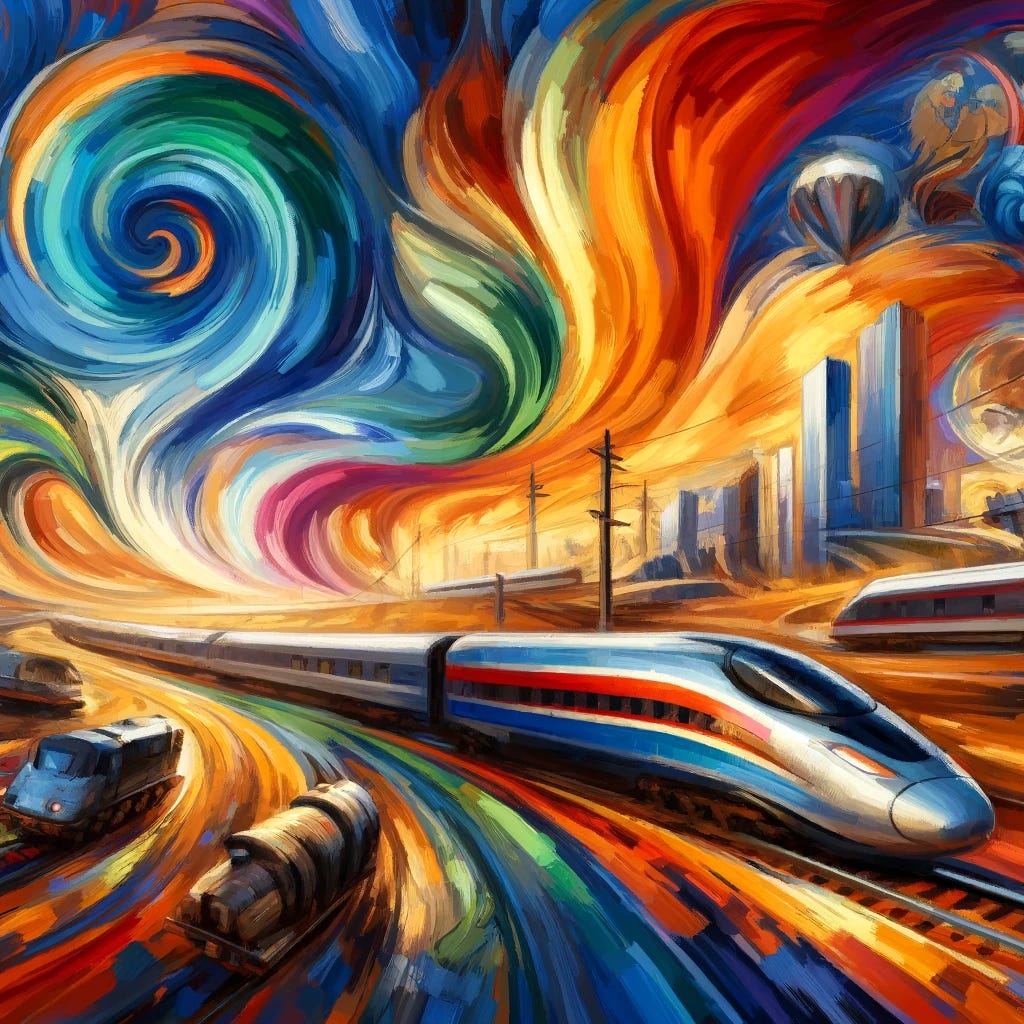 An abstract painting depicting the excitement in the international railway business inspired by the success of the private Italian company Italo. Swirling, vibrant brushstrokes symbolize the dynamic growth and competition in the market. High-speed trains are shown moving swiftly across a colorful landscape, capturing the energy of liberalization similar to the airline industry in 1992. The background features abstract representations of investors and regions in the EU, emphasizing the Open Access policy. The style resembles oil on canvas with expressive, hopeful undertones, and bright colors representing optimism and innovation.
