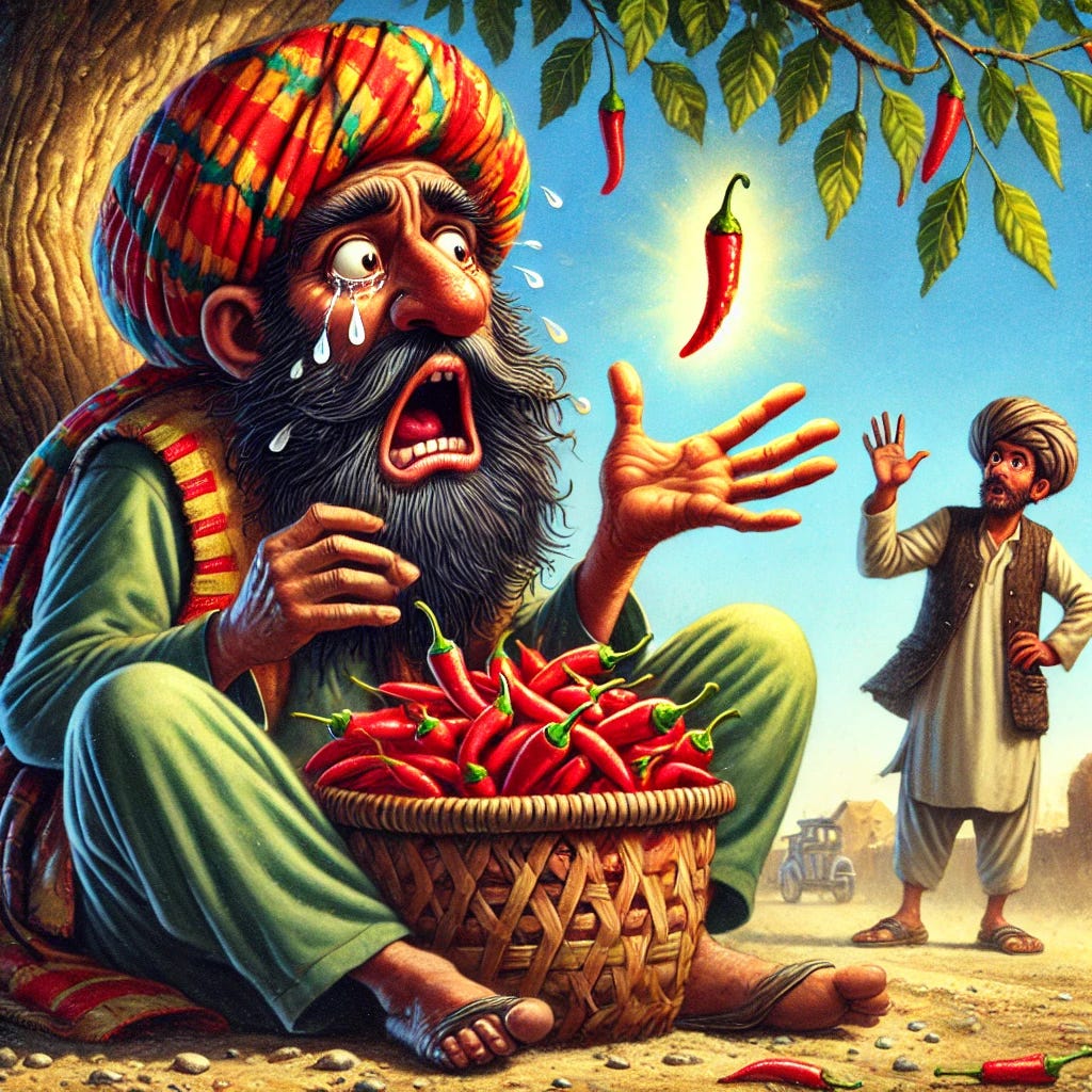 A whimsical scene featuring Mulla Nasruddin, a Middle Eastern man with a turban and a long beard, sitting cross-legged under a tree on a dusty road. In front of him is an empty basket, and his hands are holding bright red chilies. His face is contorted in a mix of regret and determination, with tears streaming down his cheeks, his mouth open as if burning from the spicy chilies. The setting is sunny with a passerby, possibly an Afghan hillman, gesturing in surprise. The overall style is colorful and slightly humorous, capturing the essence of a folk tale.