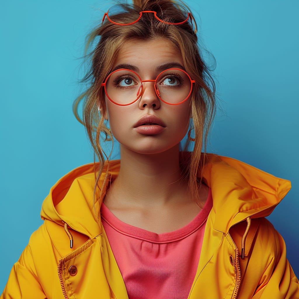 Why readers aren’t turning into subscribers. A white young woman, frowning, being curious, looking through a lens, with vivid color clothes wearing reading glasses, wearing contrasting vivid color accessories isolated on vivid contrasting colorful background with space. Colors: pink, color code #e11a72