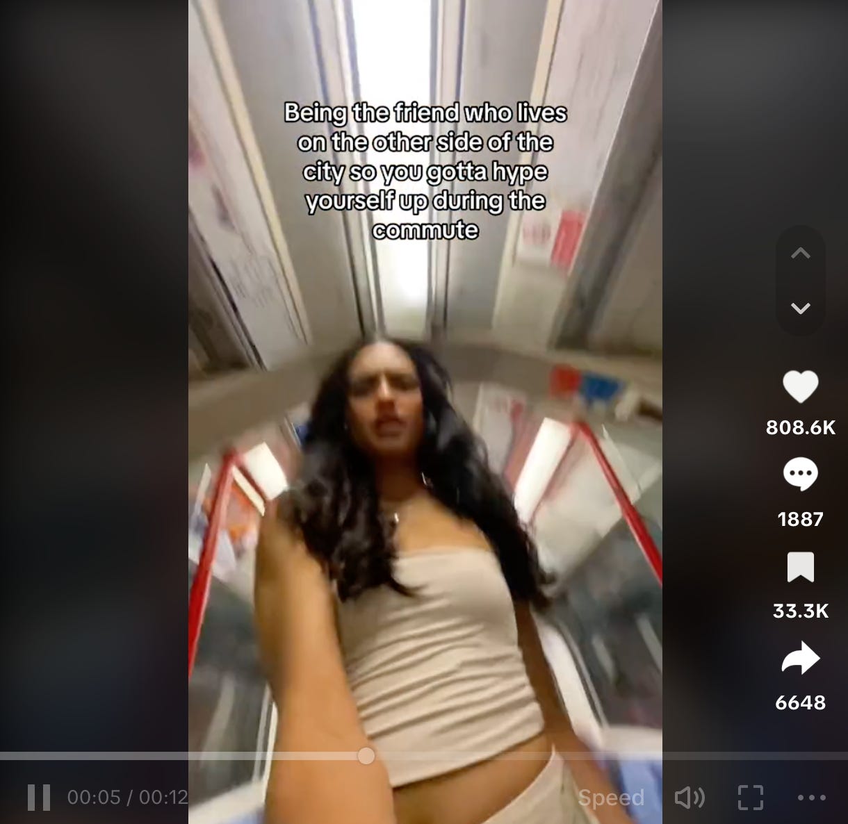 One of the original tube girl Tiktoks: Sabrina doing her little dance on an Underground train, with the caption “Being the friend who lives on the other side of the city so you gotta hype yourself up during the commute.”  