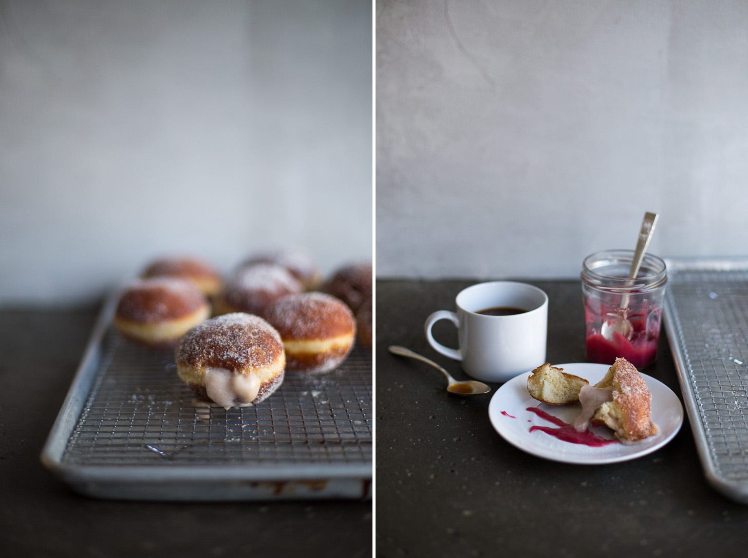 Two photos of strawberry cream-filled donuts