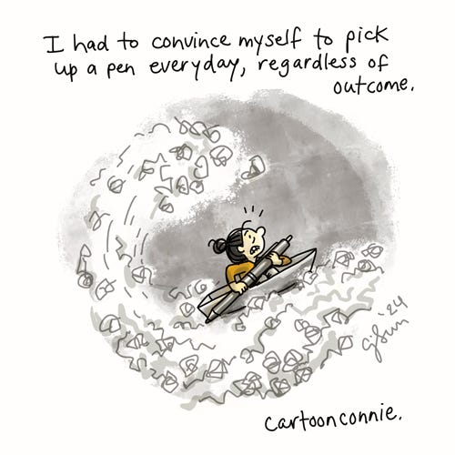 Practicing Courage (4/5) Panel 4/5: Text: "I had to convince myself to pick up a pen everyday, regardless of outcome." Illustration of a cartoon girl with a bun rowing a boat with an oar-sized pen, navigating a Hokusai-style wave made of crumpled paper. Original cartoon by Connie Sun, cartoonconnie, 2024