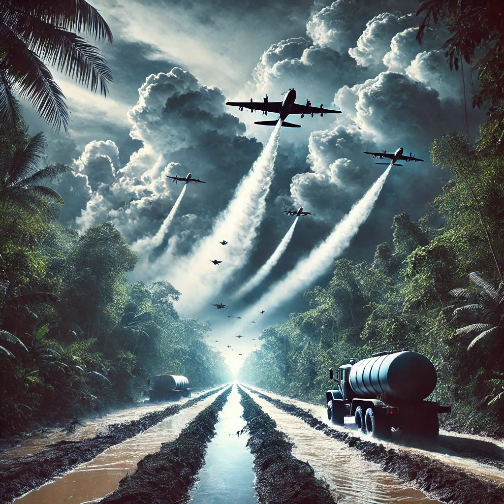 A dramatic, visually striking image showing dark storm clouds being manipulated by aircraft spraying chemicals in the sky over a dense jungle. Below, a narrow dirt trail, resembling the Ho Chi Minh Trail, is seen flooded and muddy, with subtle signs of military equipment partially submerged. The scene should feel intense and mysterious, evoking the theme of weather manipulation in warfare.