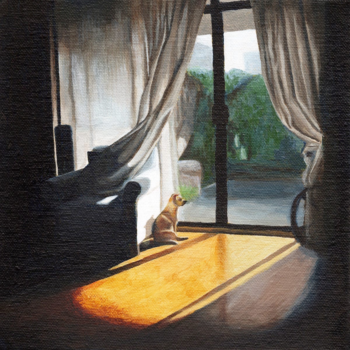 Painting of Lola, a small golden Pomeranian / Terrier, seated in the sunny spot in a darkened living room gazing out the closed garden patio doors.