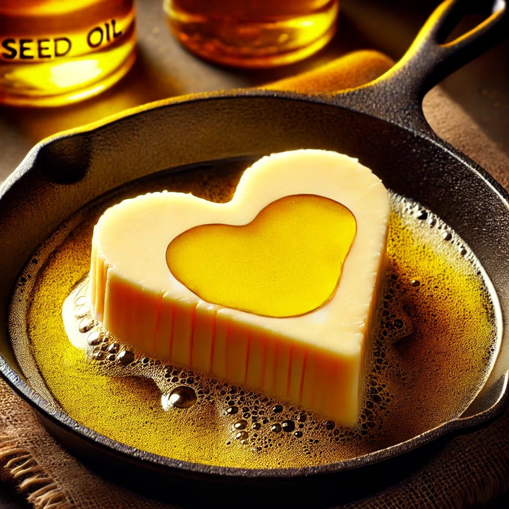 A heart-shaped slab of golden beef tallow melting in a rustic cast-iron skillet. The warm glow emphasizes its richness, with a background subtly hinting at industrial seed oil containers to contrast its purity. The scene is inviting, symbolizing beef tallow as the heart-healthy, ancestral fat making a comeback.