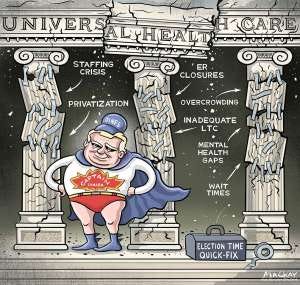 Ontario's healthcare faces significant challenges under Doug Ford's leadership, with election promises from all parties aiming to address systemic issues but requiring long-term commitment rather than quick fixes.