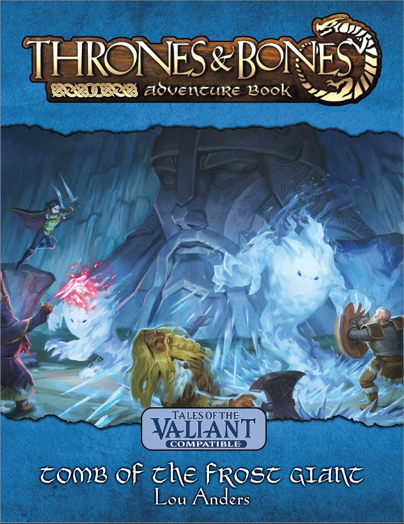 Cover of TOMB OF THE FROST GIANT. Shows heroic characters battling elementals of cold blue flame in an ice cavern with a giant stone face carved in one wall.