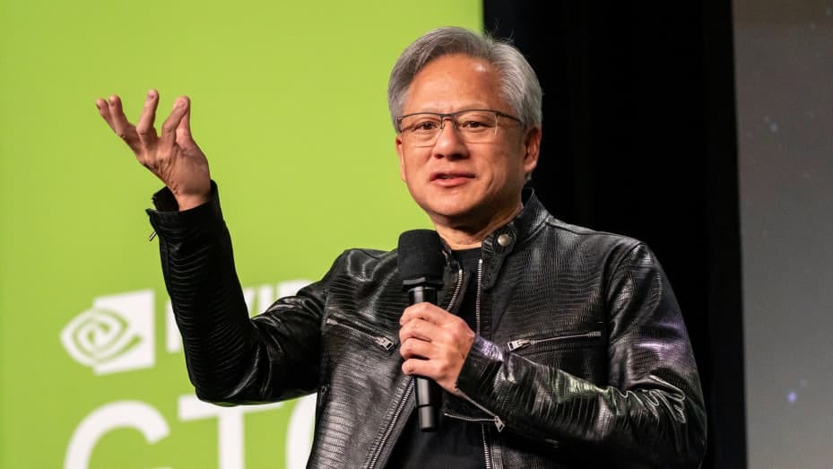 Jensen Huang, co-founder and chief executive officer of Nvidia Corp., during the Nvidia GPU Technology Conference (GTC) in San Jose, California, US, on Tuesday, March 19, 2024. Dubbed the Woodstock festival of AI by Bank of America analysts, GTC this year is set to draw 300,000 in-person and virtual attendees for the debut of Nvidia Corp.'s B100. Photographer: David Paul Morris/Bloomberg via Getty Images