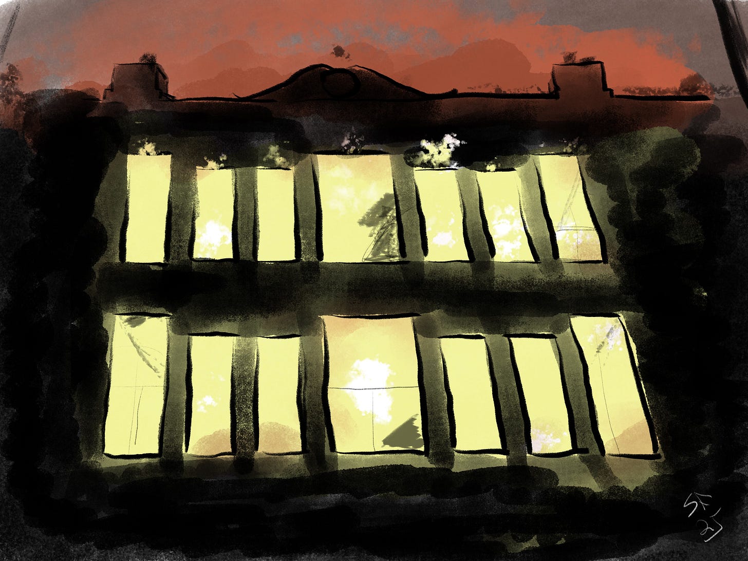 Pastel and charcoal sketch: façade of a tall building burning, silhouetted against red sky behind.