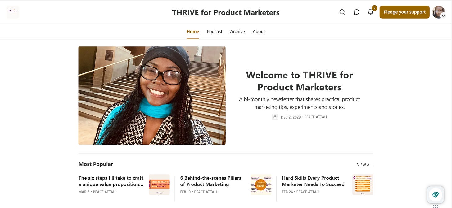 A screenshot of THRIVE for Product Marketers' homepage on Substack