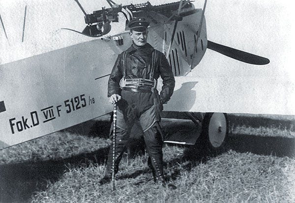 Hermann Göring, commander of Jagdgeschwader 1, beside his Fokker D.VII 5125/18. He holds a walking stick previously owned by Manfred von Richthofen