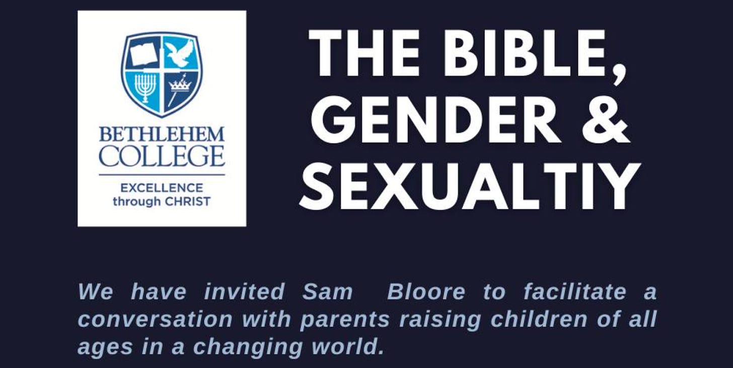 BC post: “We have invited Sam Bloore to facilitate a conversation with parents raising children of all ages in a changing world”.