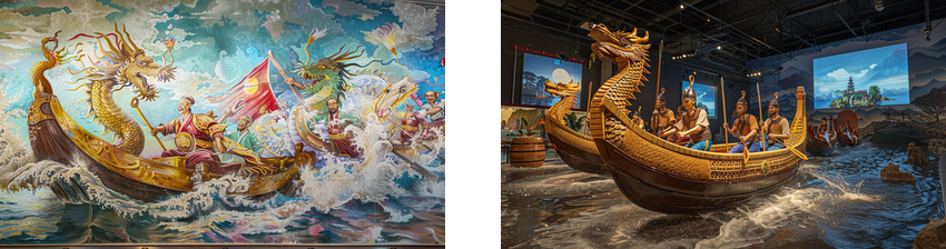 Two side-by-side images: the left shows a vibrant painting of a dragon boat race on turbulent waters, featuring detailed and dynamic depictions of rowers and dragon-headed boats; the right displays a museum exhibit with life-sized dragon boat replicas and mannequins dressed as rowers, set against a backdrop of a projected landscape.