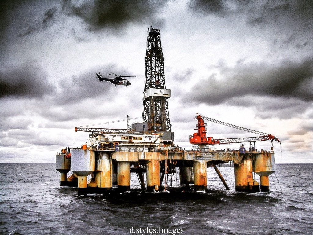 Drilling in the North Sea Uk sectorHelicopter coming in for crew change ...