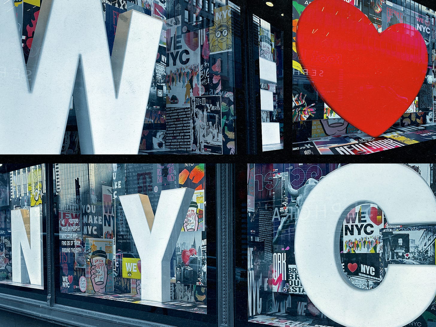 A montage of photos of a retail window at Macy's department store, each featuring part of the new We Love NYC campaign