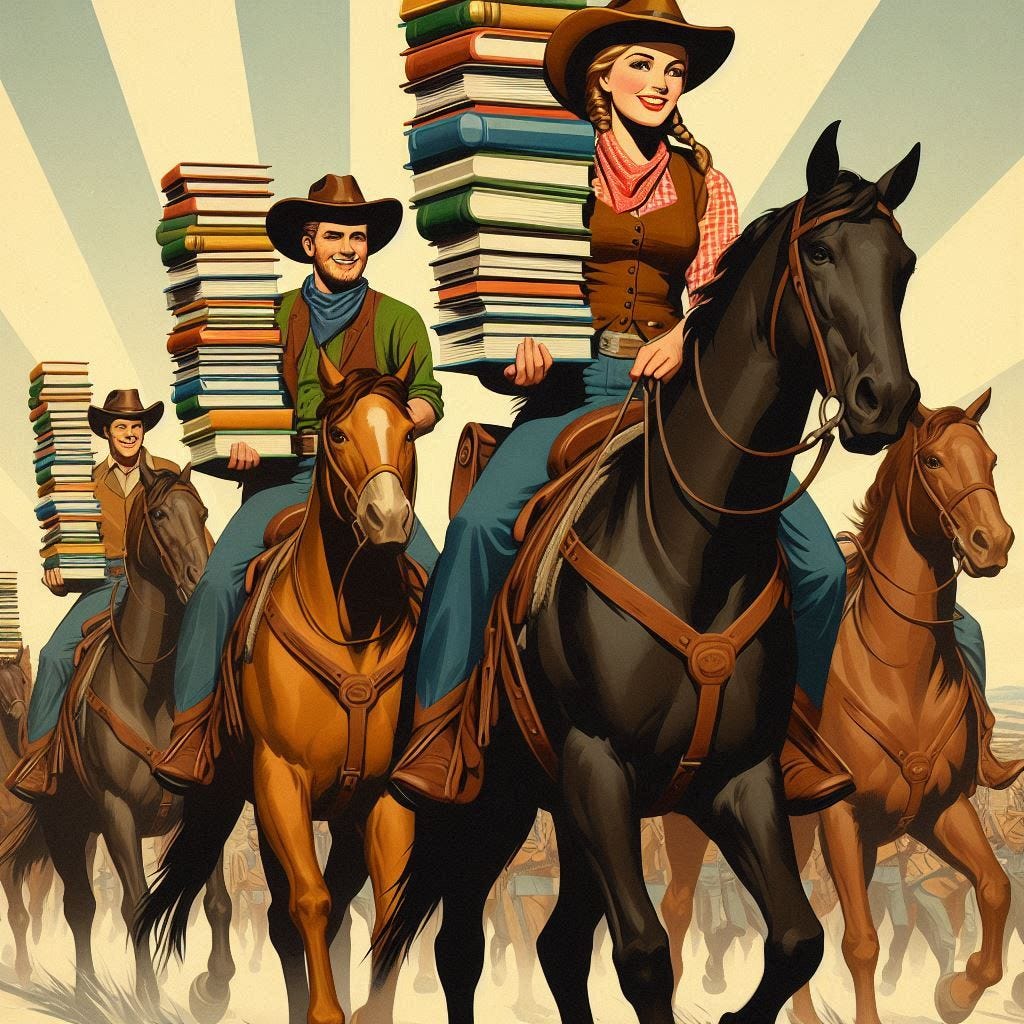 Cowboys and cowgirls carrying stacks of books while riding horses in the style of a propaganda poster.