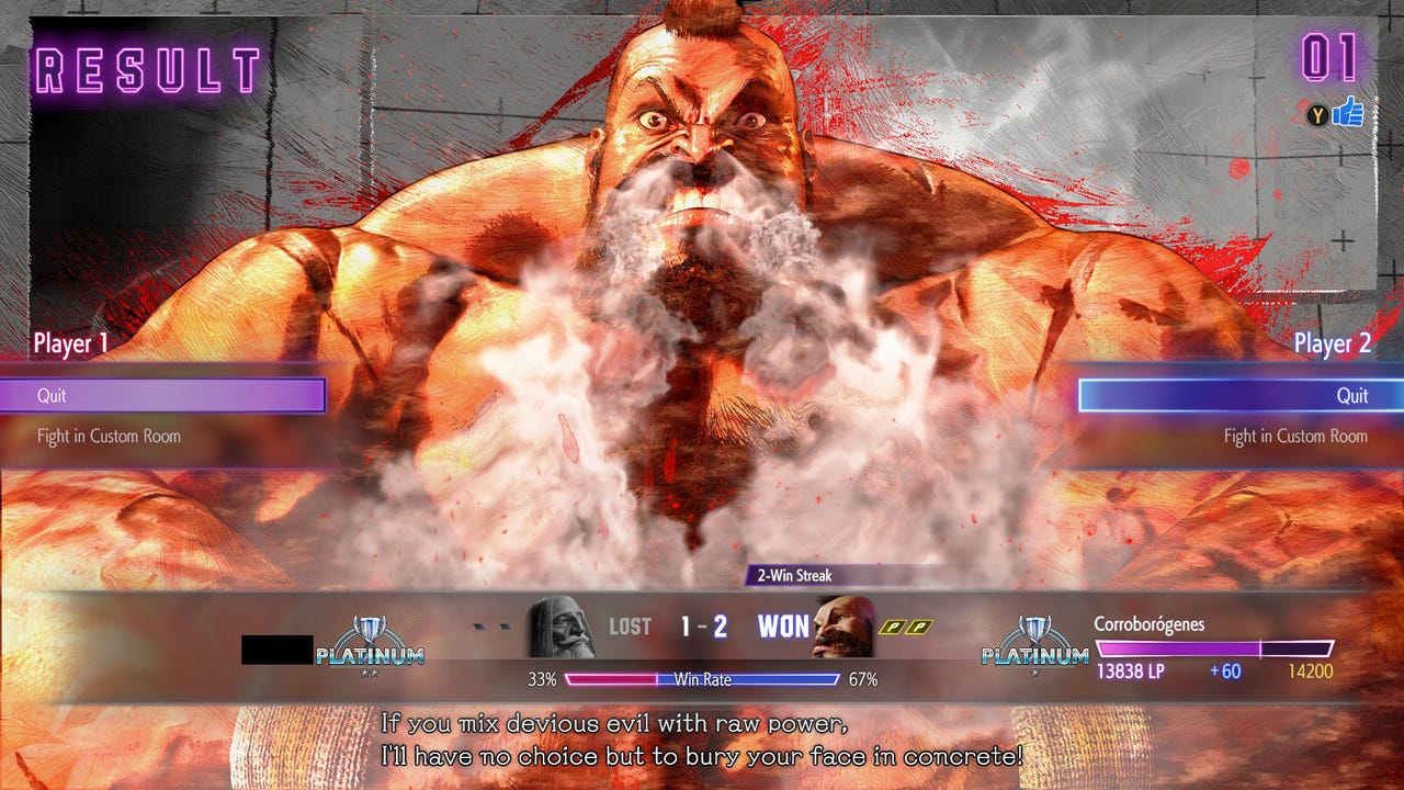Tela de vitória do Street Fighter 6: o Zangief derrotou um JP de nível mais alto, dando perfect nos dois rounds.