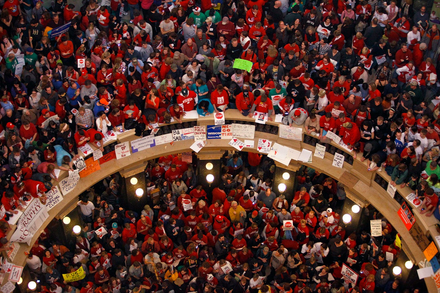 This file photo taken Feb. 17, 2011 shows protestors of Wisconsin Gov. Scott Walker's bill to eliminate collective bargaining rights for many state workers