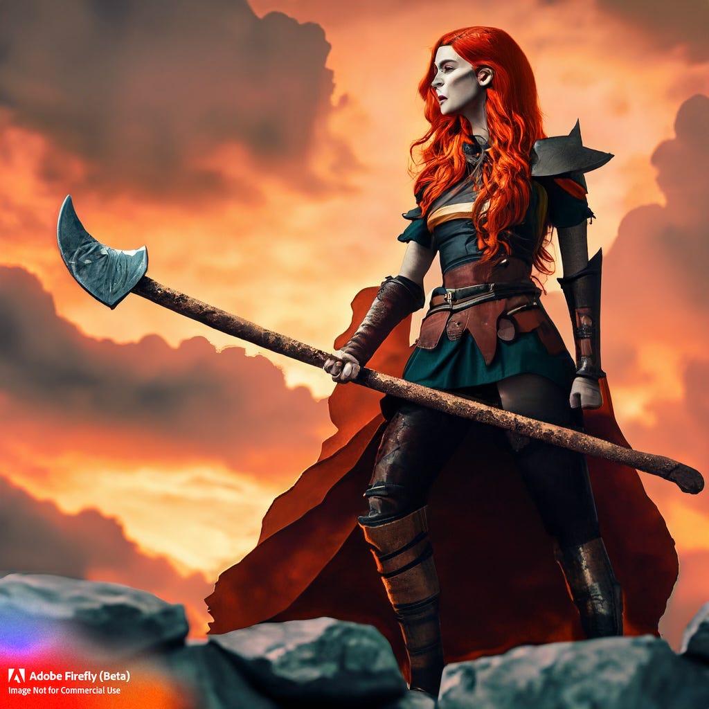AI-generated fantasy painting of a redheaded warrior woman holding an axe against a dramatic orange sky