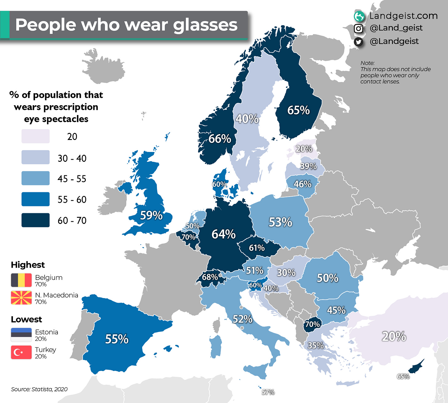 Map showing the percentage of each European country's population that wear glasses.