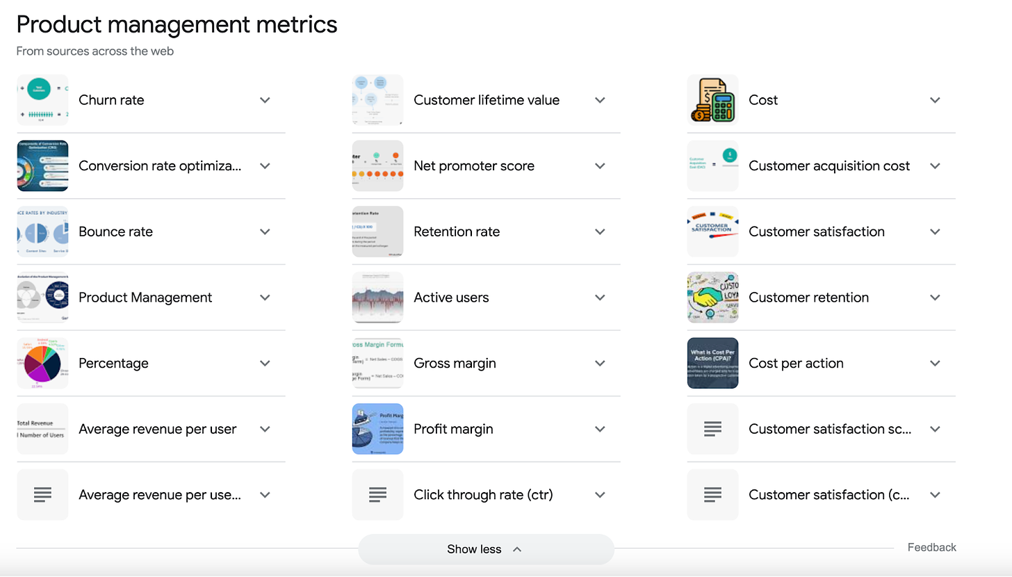 A screenshot of what appears when one searching "Product Management Metrics."