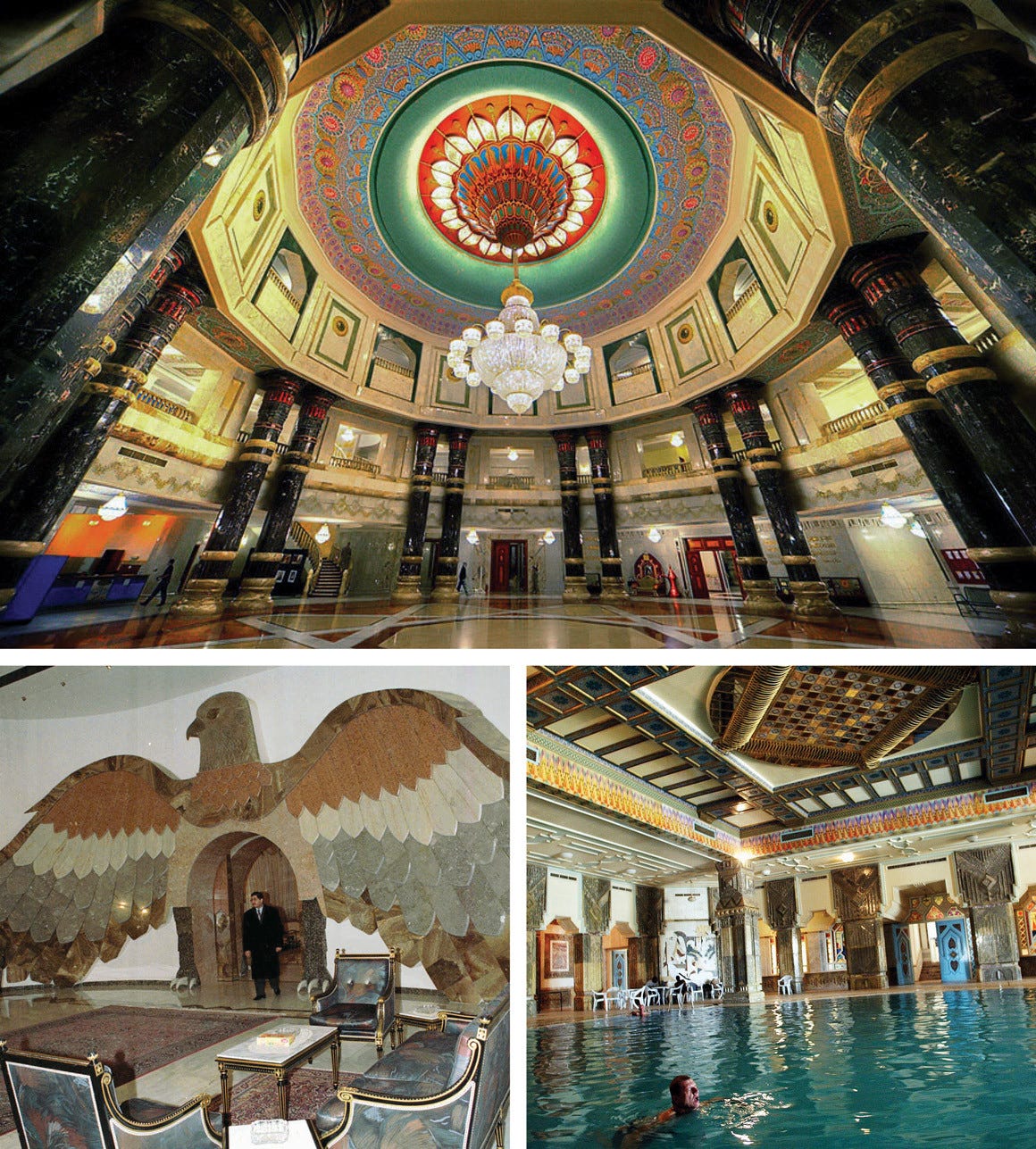 SADDAM HUSSEIN: The Iraqi president had dozens of palaces, villas, mansions and compounds around the country—many of which were converted into military outposts after the 2003 U.S. invasion. At top: the Al Faw palace in Baghdad; bottom left: a marble falcon in Baghdad; bottom right: a U.S. soldier swimming in a Tikrit palace in 2003, shortly after Hussein’s ouster.