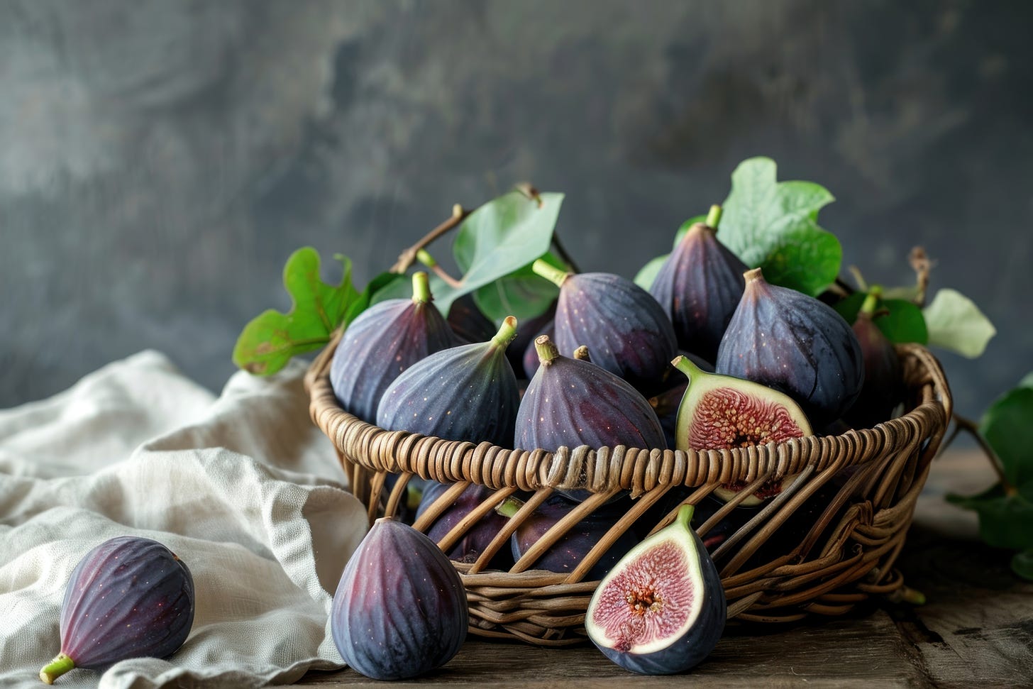 A wicker basket of figs, on a table with linens