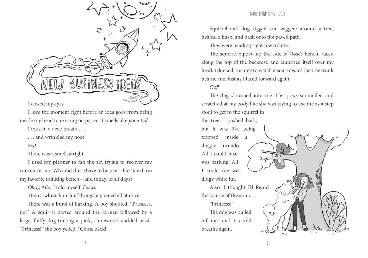 A spread from Mia Madison, CEO, showing two illustrations: a doodle of a rocketship with the words "New Business Ideas" below it, and a picture of Mia getting jumped on by a large, white, fluffy dog.
