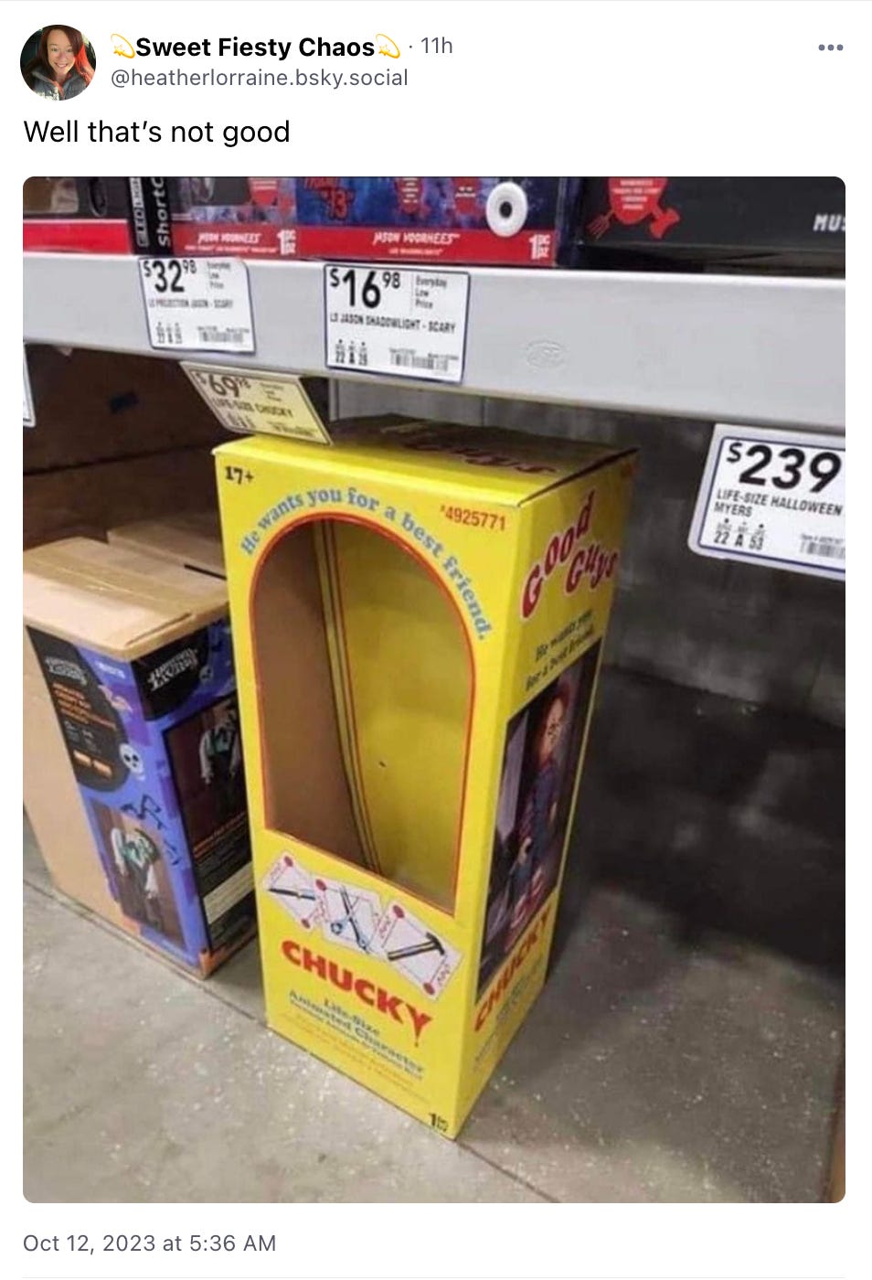 Bluesky user @heatherlorraine.bsky.social sharing a photo of an empty Chucky doll box in a department store captioned “Well that’s not good”
